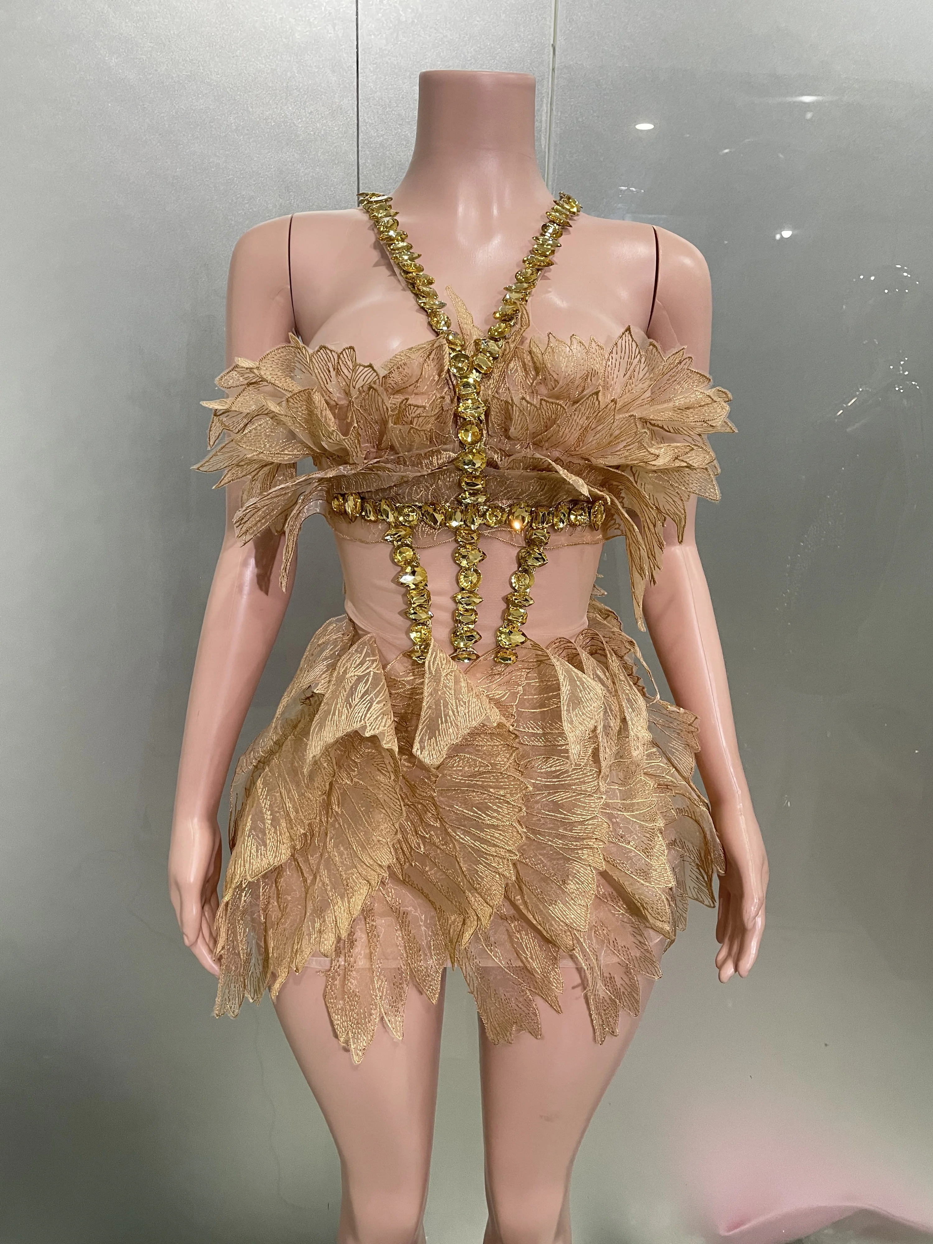 Sexy Shining Gold Crystal Transparent Wings Mini Dress 2025 Women Birthday Party Bar Nightclub Singer Stage Performance Costume