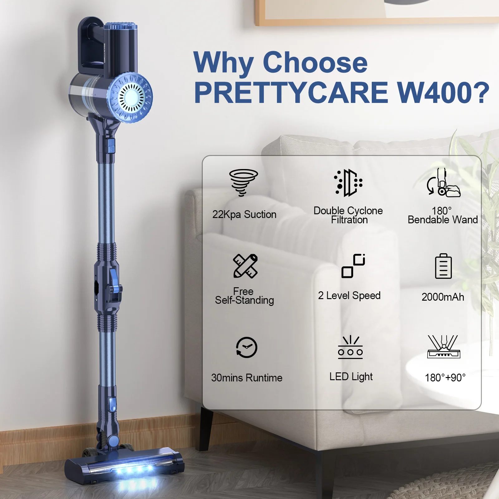 Prettycare-ハンドヘルドコードレス掃除機、軽量スティック、自立型 Prettycare-ハンドヘルドコードレス掃除機、軽量スティック、自立型