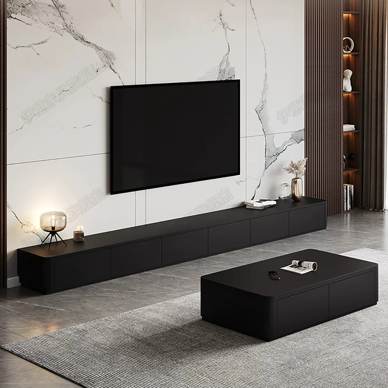 French Cream Style Solid Wood TV Stand Large Round Corner Low Console Black Modern TV Cabinet with Rock Plate Surface furniture