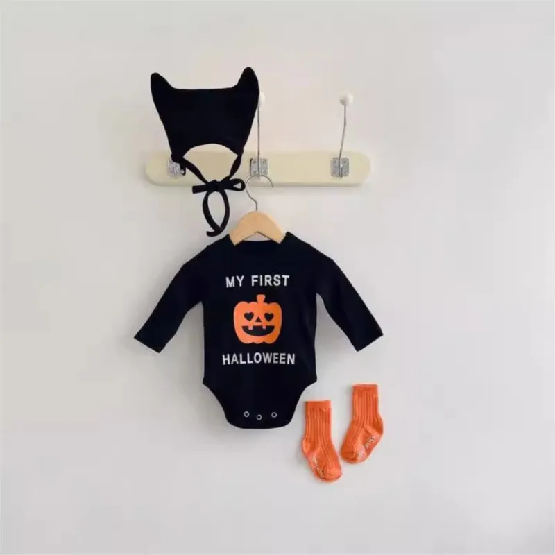 Newborn Baby Boy Girl Cotton Halloween Pumpkin Printed Romper+Hat+Socks Infant Festival Jumpsuit Suit Autumn Party Clothes 3-18M