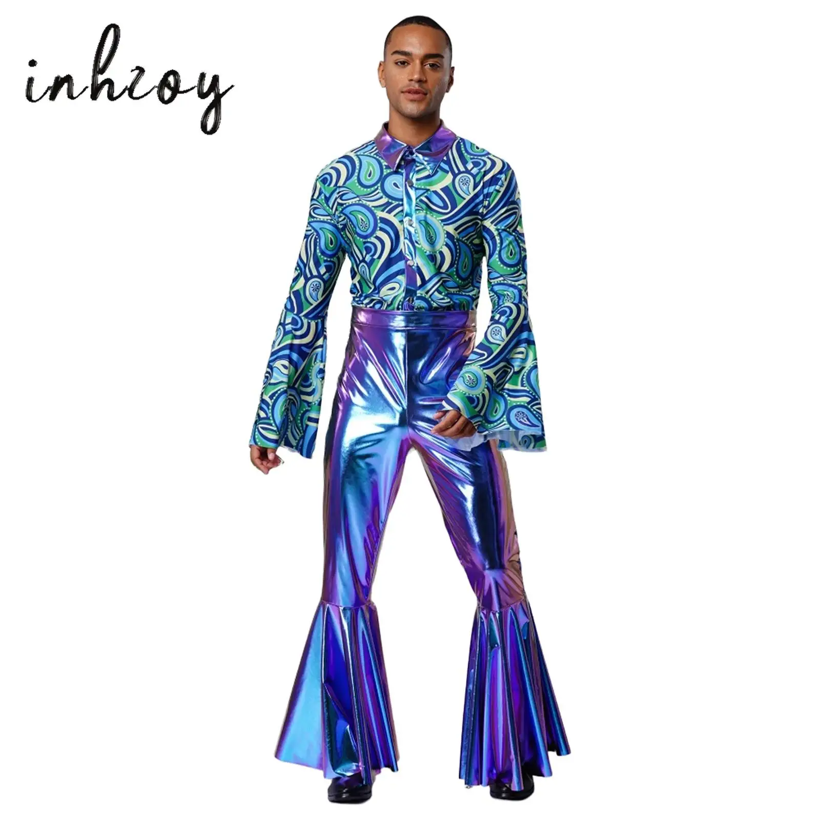 

Men Flashy Disco Dance Jumpsuit Turn-Down Collar Flared Sleeves Printed Bodice Metallic Bell-Bottom Bodysuit for Halloween Party