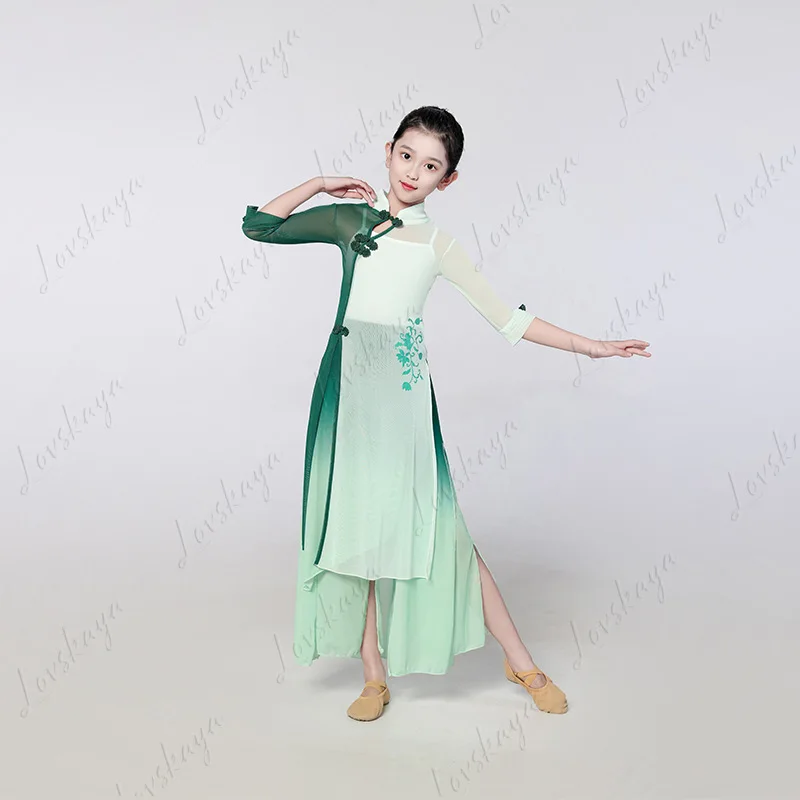 بدلة تدريب تنورة الرقص الكلاسيكية للأطفال، ملابس رقص نسائية أنيقة على الطراز الصيني، شاش حديث، تغيير تدريجي