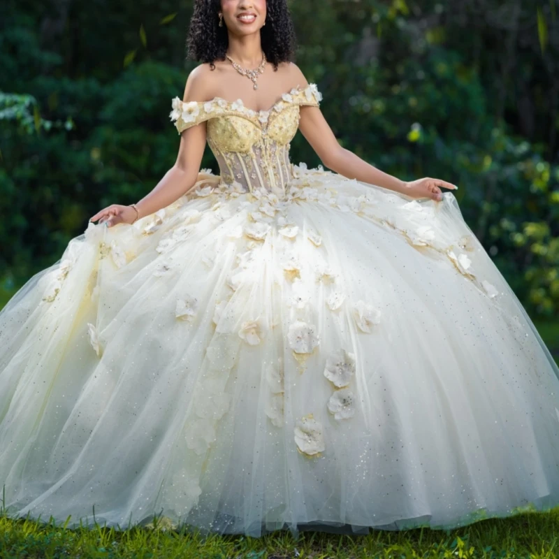 

Light Champagne Shiny Quinceanera Dresses Off The Shoulder Flower Beads Tull Party Birthday Sweet 16 Dress Vestidos 15 De Anos