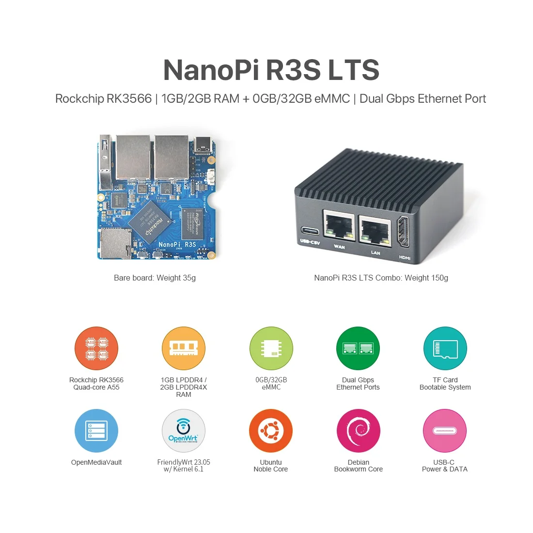 

NanoPi R3S LTS & Combo 2GB LPDDR4X RAM & 0GB/32GB eMMc,RK3566,Quad Cortex-A55,Duoble GMB LAN,Rockchip OpenWRT,U-boot,Ubuntu-Core