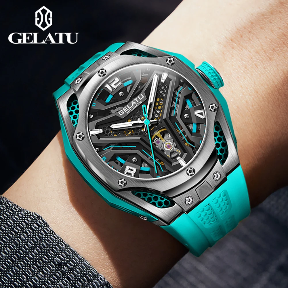 GELATU 6007 Automatic Mechanical Watch for Men Original Luxury Skeleton Silicone Sapphire Crystal 50ATM Waterproof Men's Watches