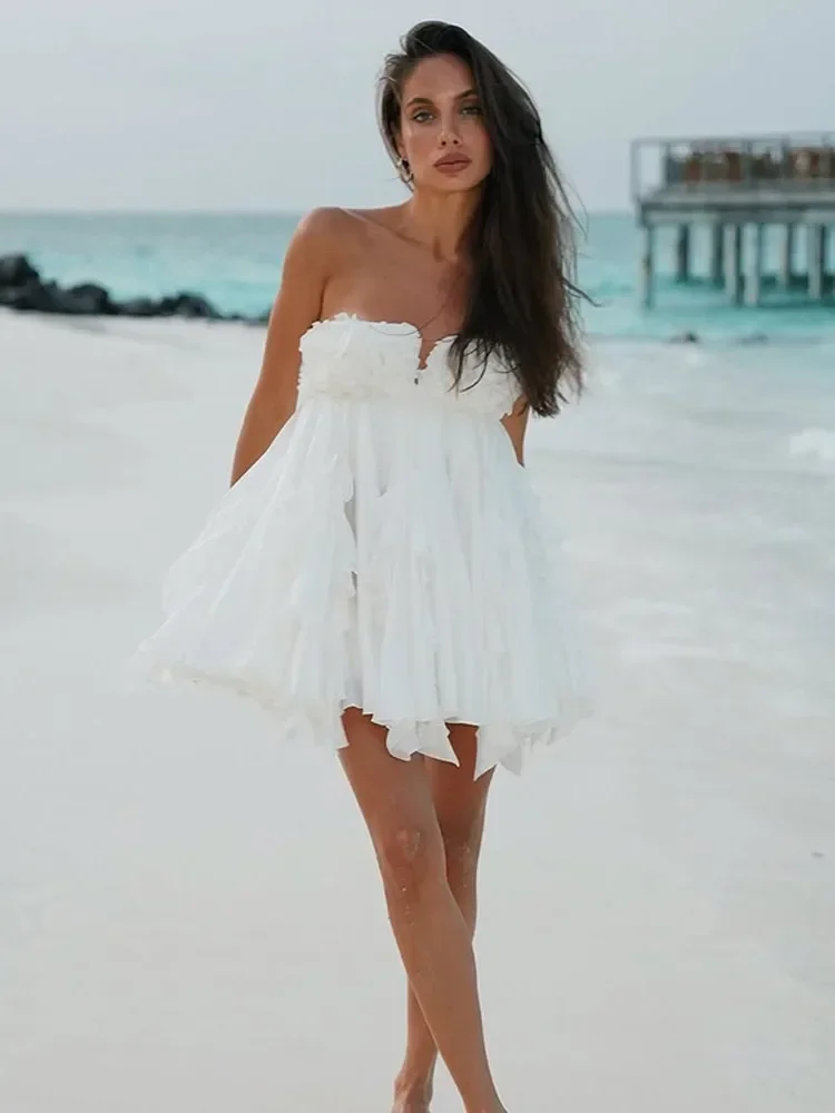 Moda feminina 3d flor azul em camadas babados sem alças mini vestido sexy senhora sem costas sem mangas vestidos nova senhora beach wear