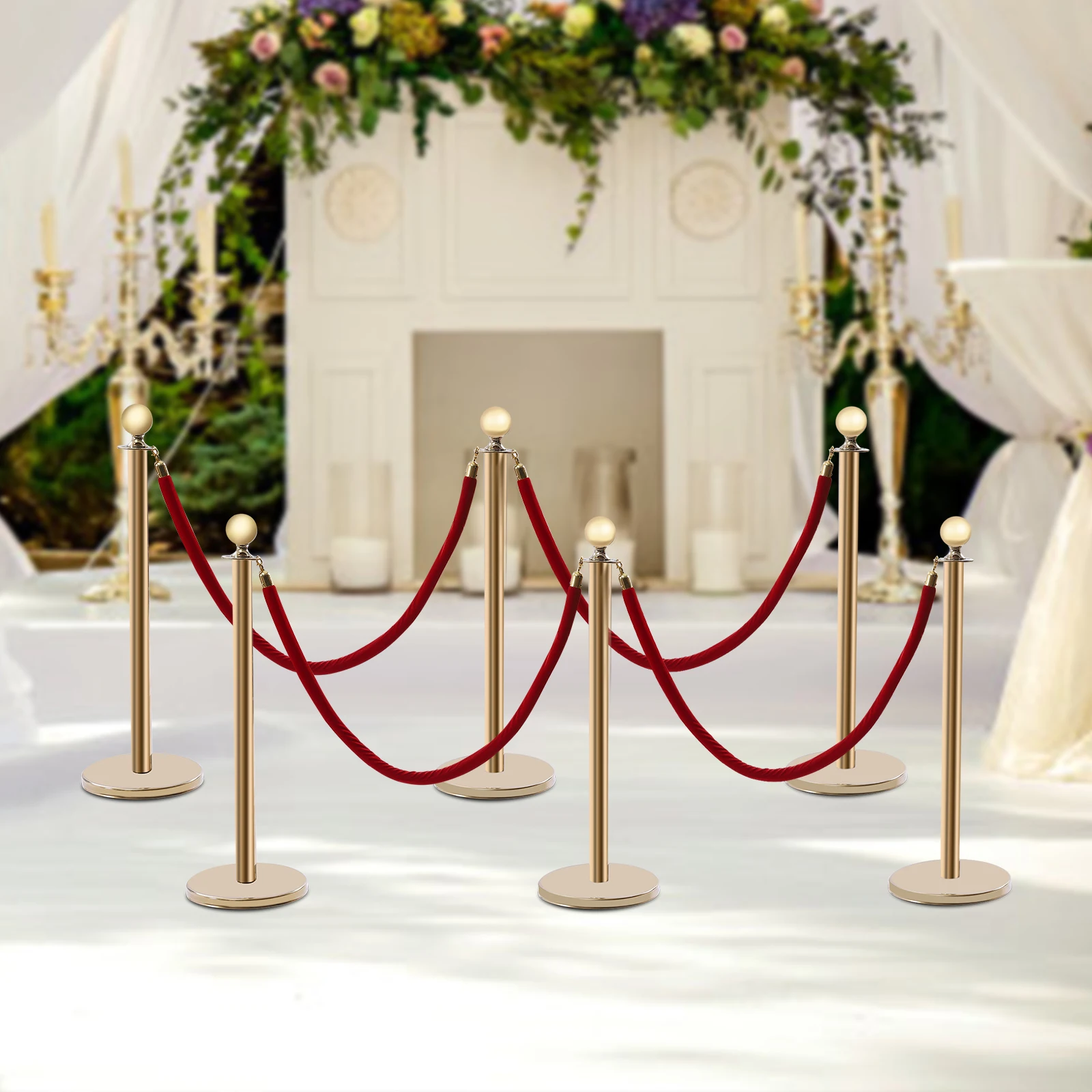 

6pcs Stainless Steel Rope Barriers with Golden Stanchions 5ft Red Velvet Rope Ball Top Crowd Control Barriers for Parties, Event