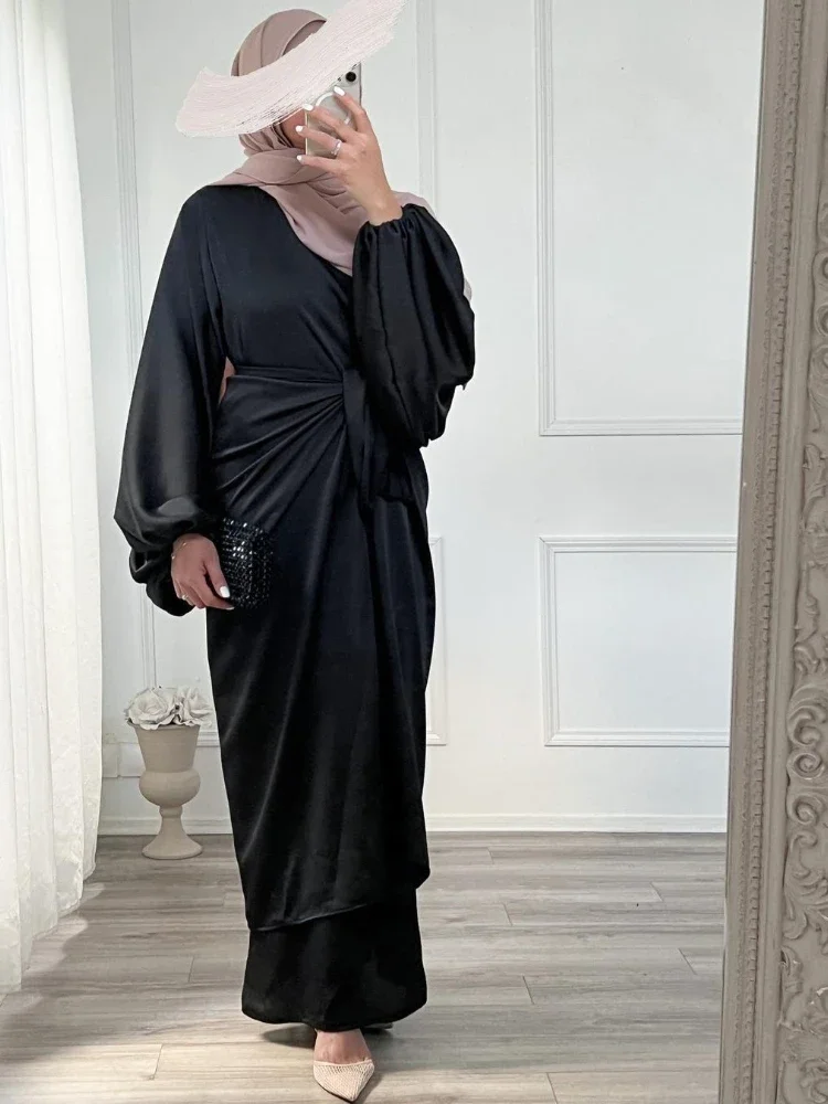 Vestido Abaya de satén sedoso de 2 piezas de Ramadán con falda frontal envolvente vestidos Hijab largos árabes para mujeres musulmanas ropa islámica