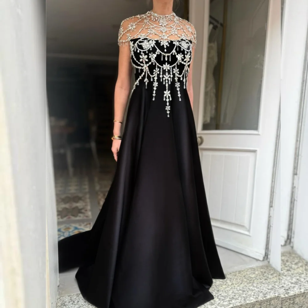

Customized Luxury Evening Dress Rhinestone Glitter A-line Black Long Dresses Bespoke Occasion Party Gown Exquisite