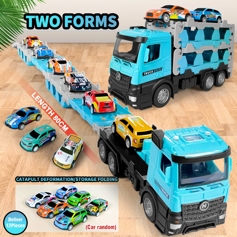 Ejection Folding Rail Container Truck Toys with 12 Pieces Mini Alloy Cars 80CM Length Rail Trucks Catapult Inertia Vehicle Car