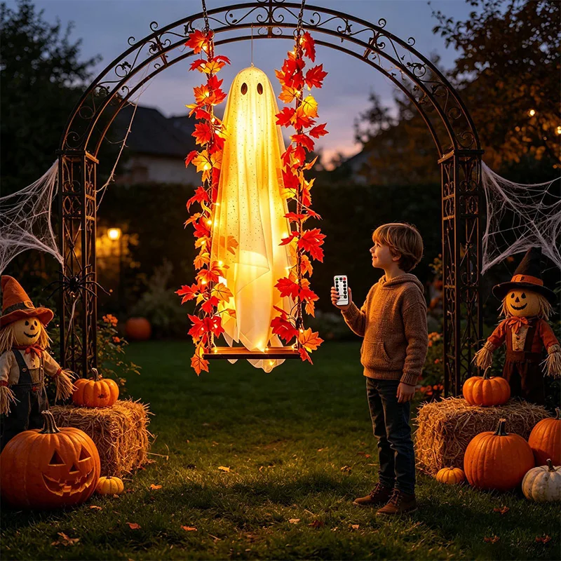 Large Light‑up Ghost Swing Hanging Ornament With Maple Leaf Halloween Hanging Ornament For Yard And Outdoor Tree Display