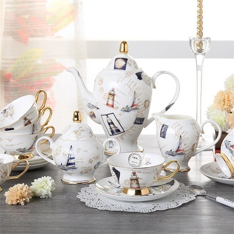 osso-conjunto de café de porcelana china, conjunto británico, chá cerámica, pote, crema, azúcar, tigela, bule, caneca, café, xícara