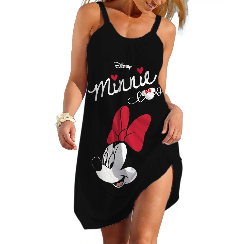 Disney mickey minnie zástrčka šaty pro ženský léto 3D tisk oblečení kreslený dámská pláž šaty roztomilá sexy závěs pláž hustý nejvyšší