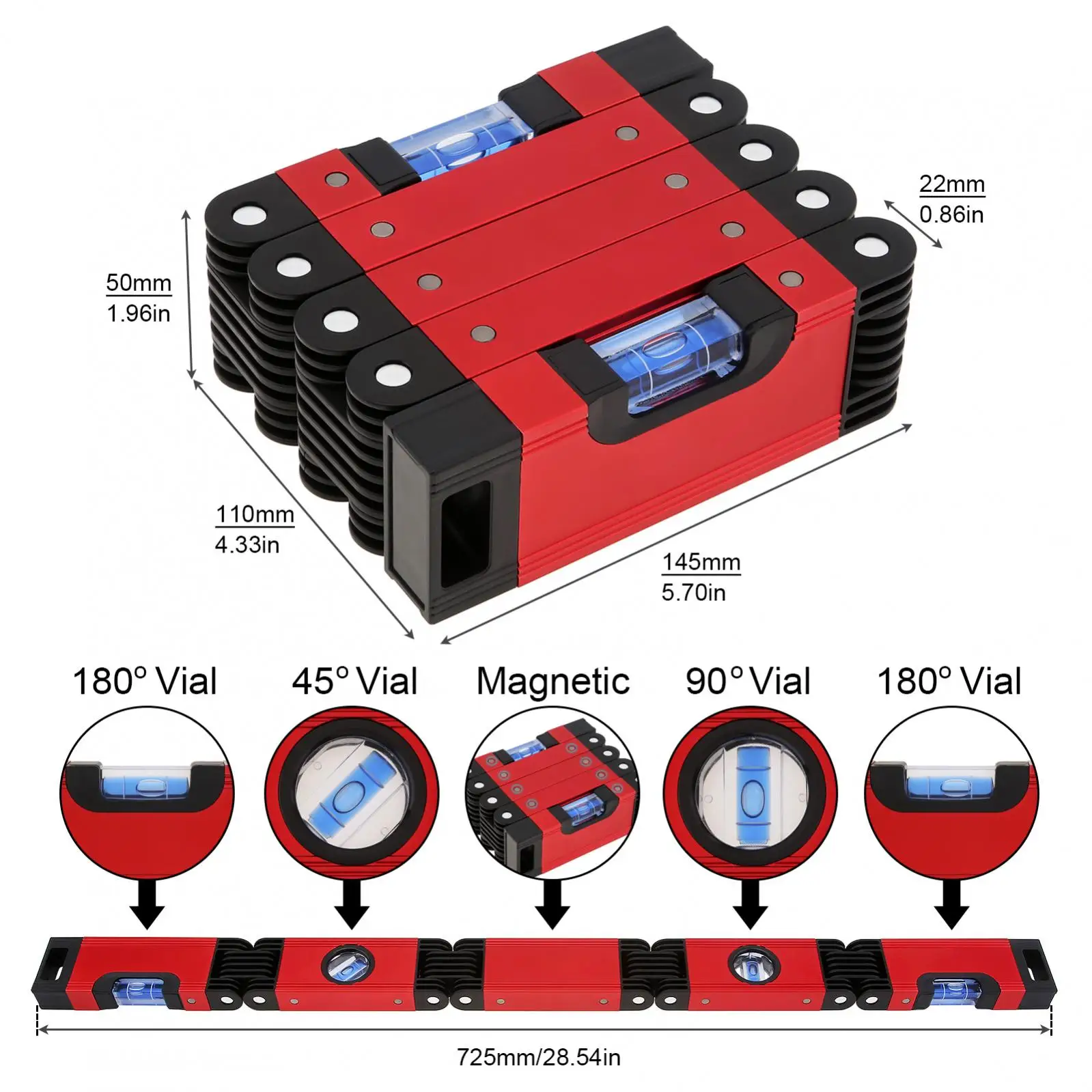 Multi-Angle 5 Sections Measuring Foldable Level for Carpenters / Woodworkers / Fabricators with Aluminum Profile Magnetic Level