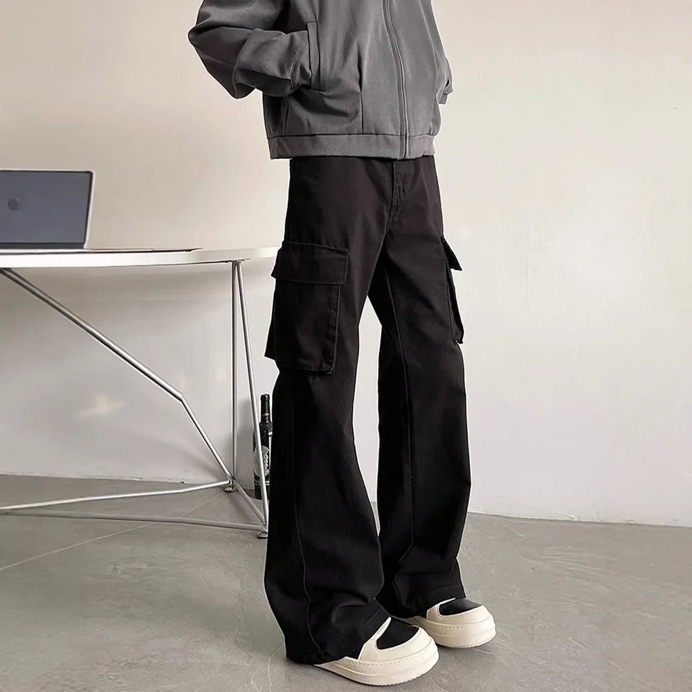Spring Autumn New Fashion Men's Black Brown Solid Color Simple Basic Casual Trendy Loose Flare Cargo Trousers Male Pants Clothes