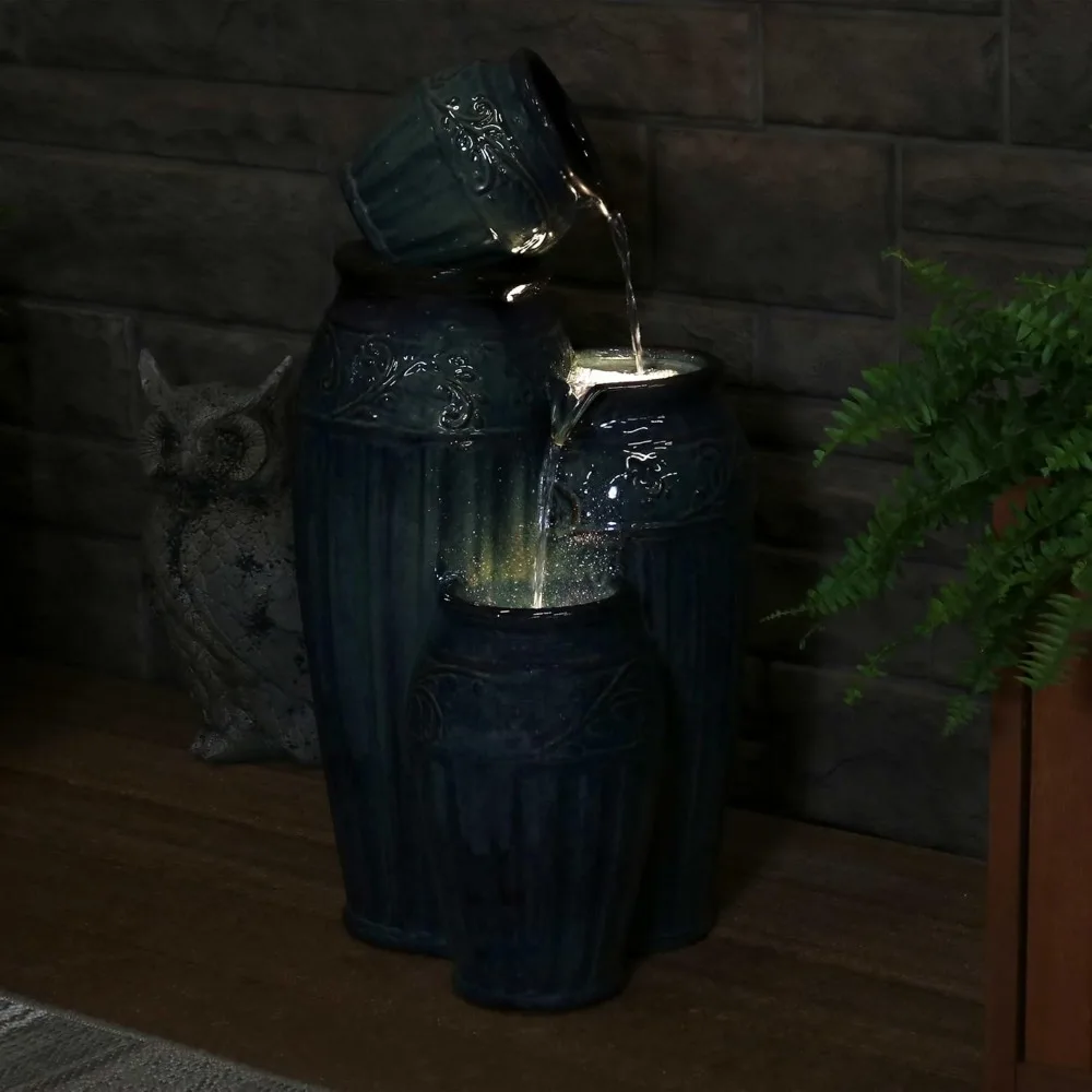 Tour de Vase Ceramic 27-Inch Outdoor Water Fountain - LED Lights - Electric Submersible Pump with Adjustable Flow