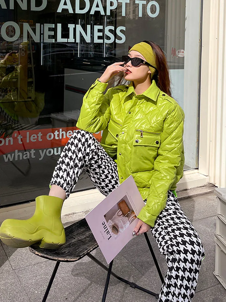 

2022 Winter Women Fashion Vintage Plaid Padded Parka Jacket Casual Pockets Cotton Coat Loose Short Outwear Tops Female