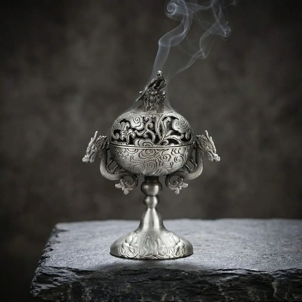 Vintage Alloy Incense Burner Hollow Out High Foot Metal Incense Holder Handmade Double Dragon Aromatherapy Stove Tea Ceremony