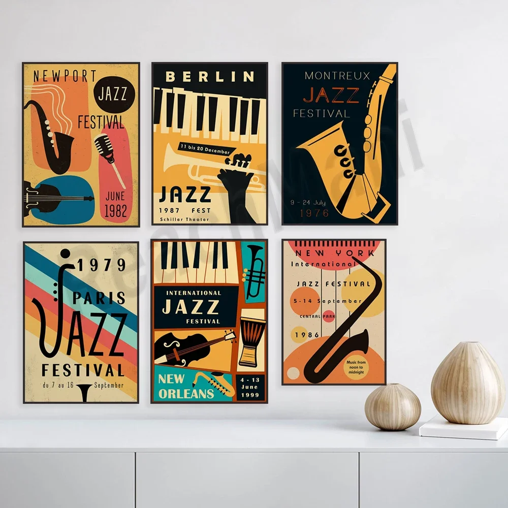 New York, Berlin, Newport, Paris, Montreux jazz festival poster, jazz festival, trumpet piano, saxophone, music colorful poster