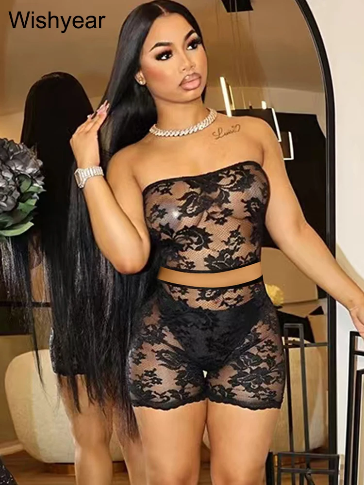 Sexy Night Club Outfits Women Black Lace See Through Tube Tops and Tight Shorts Two 2 Pieces Set Birthday Prom Bar Suits 2025