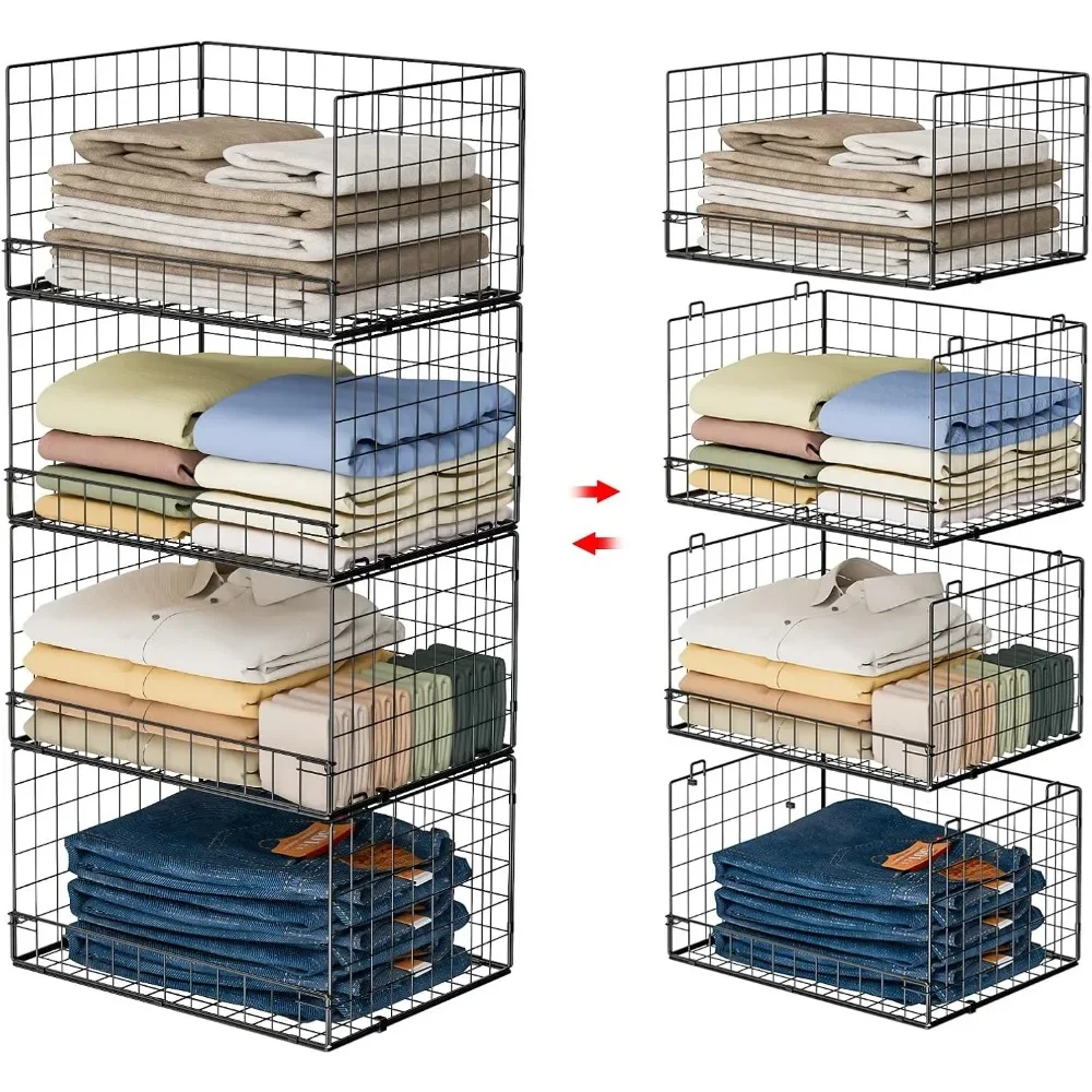 

4-Tier Stackable Closet Organizers and Storage Shelves, Closet Shelf Organizer Basket Bins, Foldable Sweater Storage for Closet