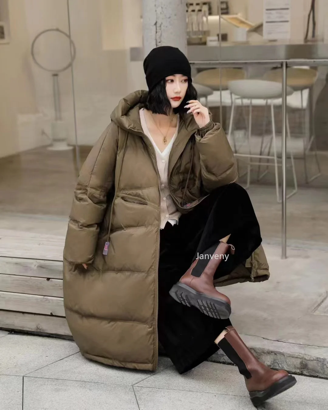 Janveny Women 90% White Duck Down Jacket With Hooded Loose Oversize Long Puffer Coat Autumn Winter Warm Outwear Female Parkas