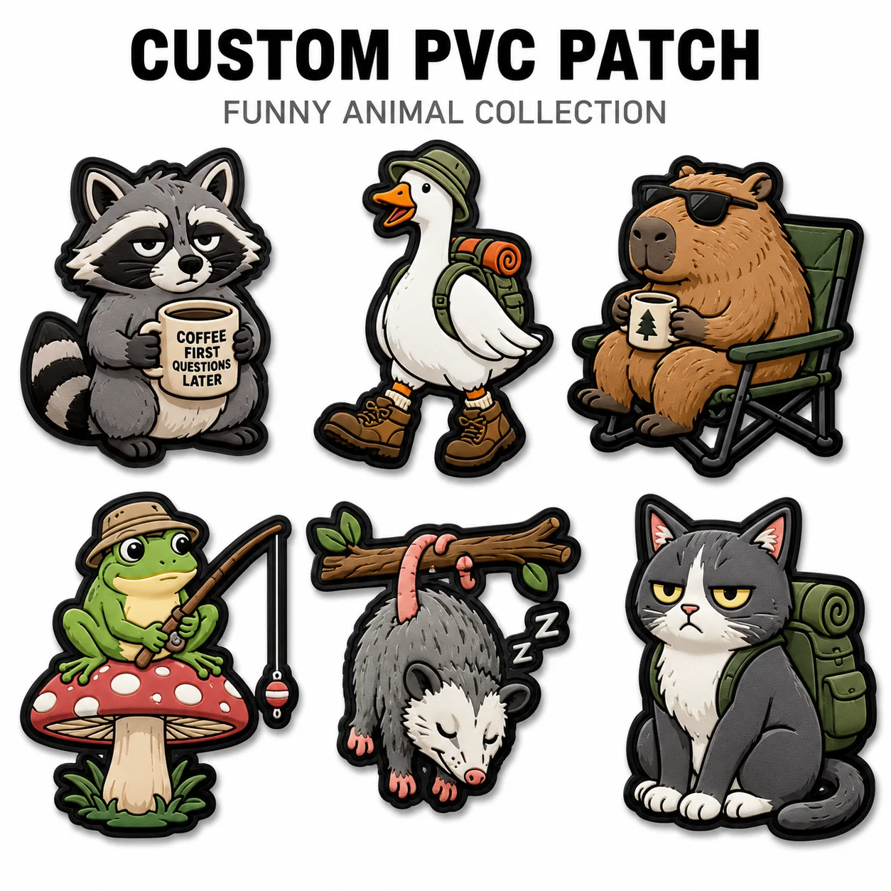 Custom Funny Animal PVC Patches Personalized 3D Soft Rubber Badge Hook and Loop for Backpacks Jackets Hats Outdoor Camping Gear
