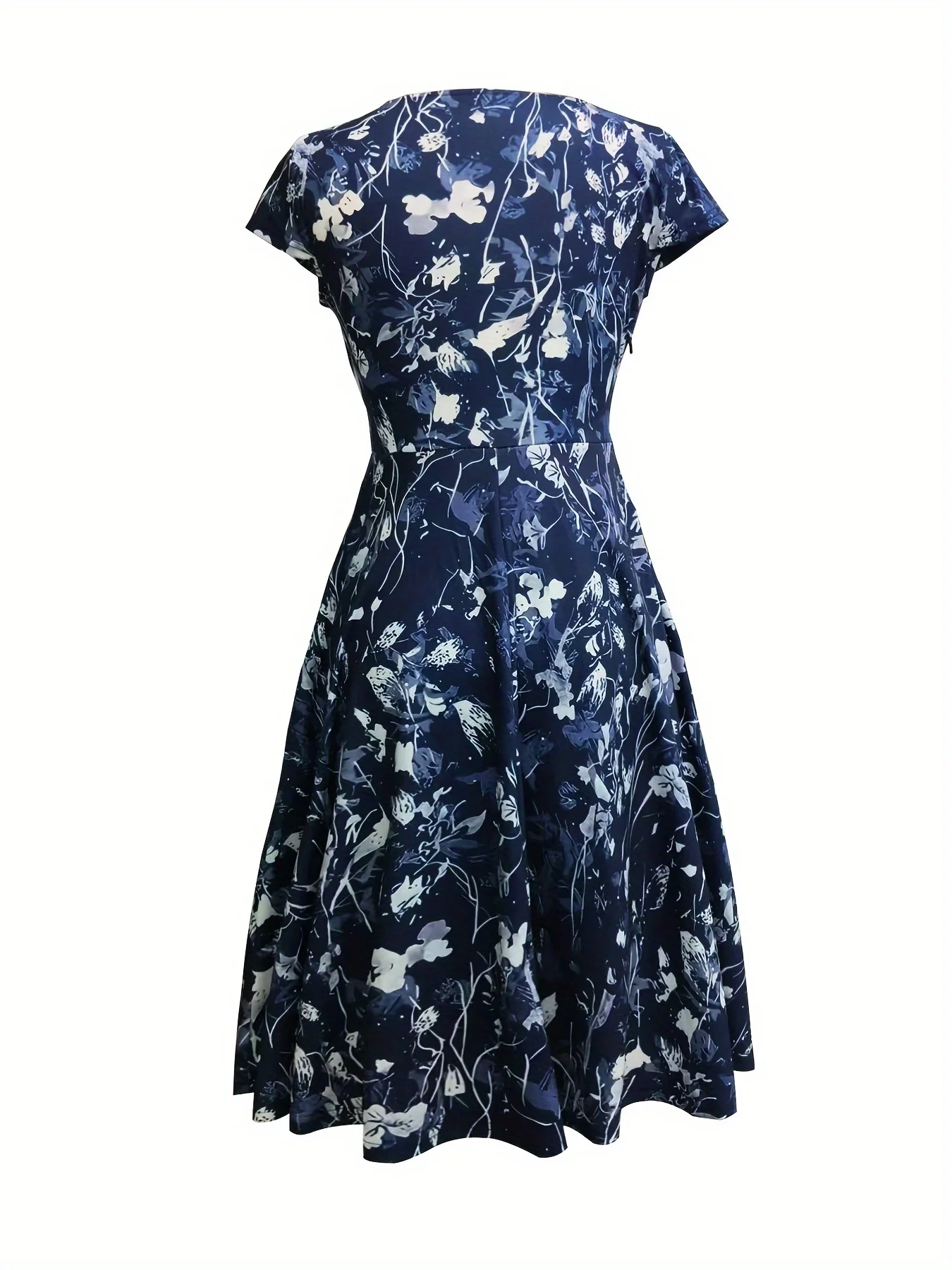 Elegantes, geblümtes Midikleid mit V-Ausschnitt und Taschen aus Polyester-Mischgewebe für Frühling, Sommer und Herbst – Dreijahreszeitenkleid für Damen. – Detail 3
