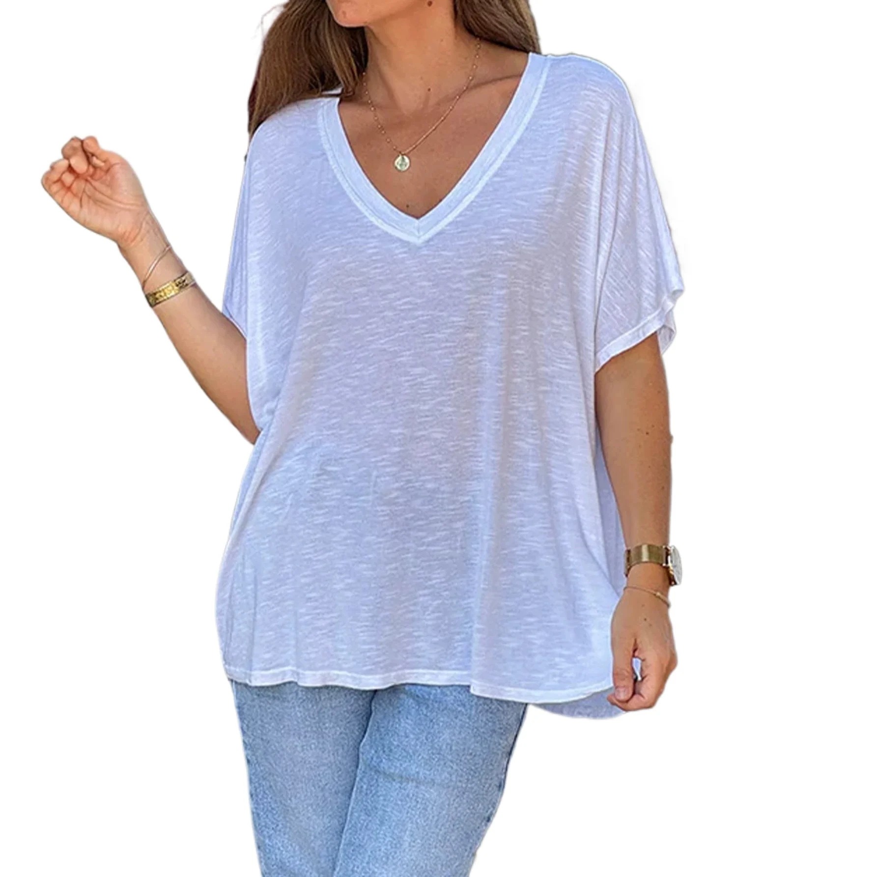 2026 Sommer Neuheit: Bequemes und Lässiges Lockeres Einfarbiges V-Ausschnitt Kurzarm-T-Shirt, Damen CW98214