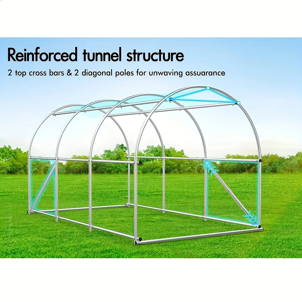 Portable Walk-In Greenhouse Tunnel with Galvanized Steel Frame, Zipper Door & Roll-Up Windows, Green Plant Grow House