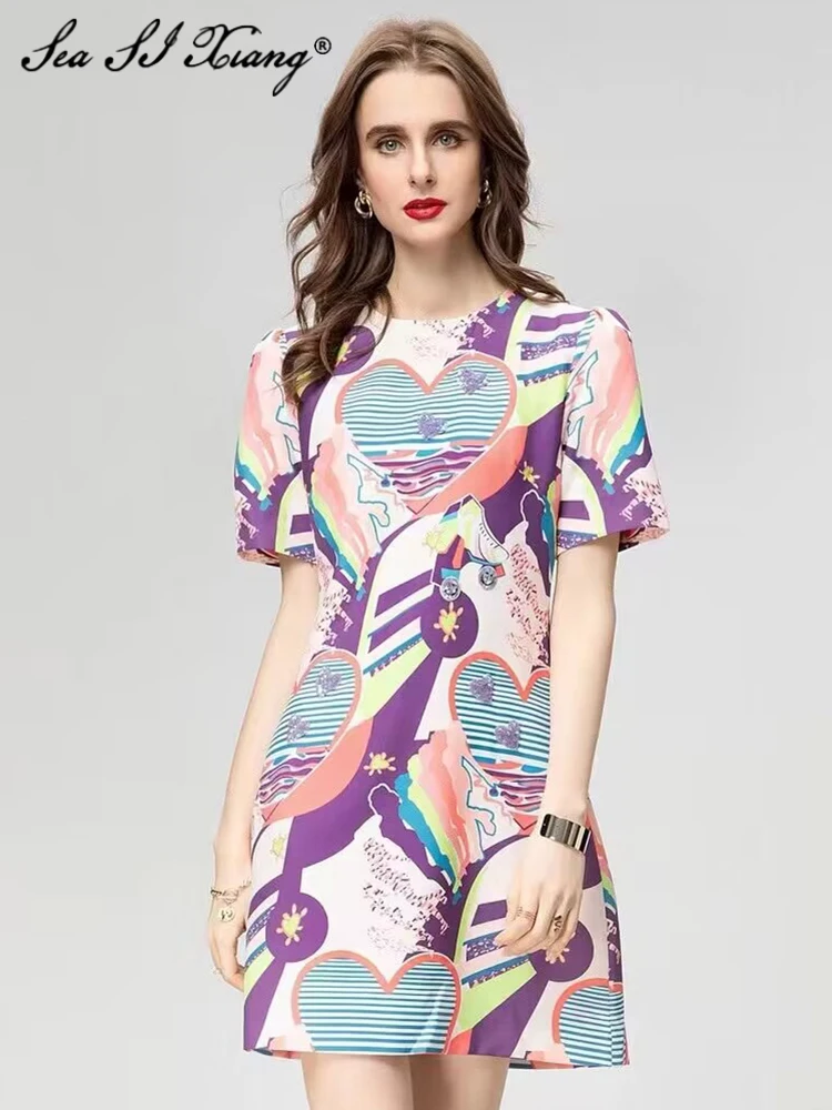 

Seasixiang Fashion Designer Summer Dress Women O-Neck Short Sleeve Sequins Print High Street A-Line Dresses