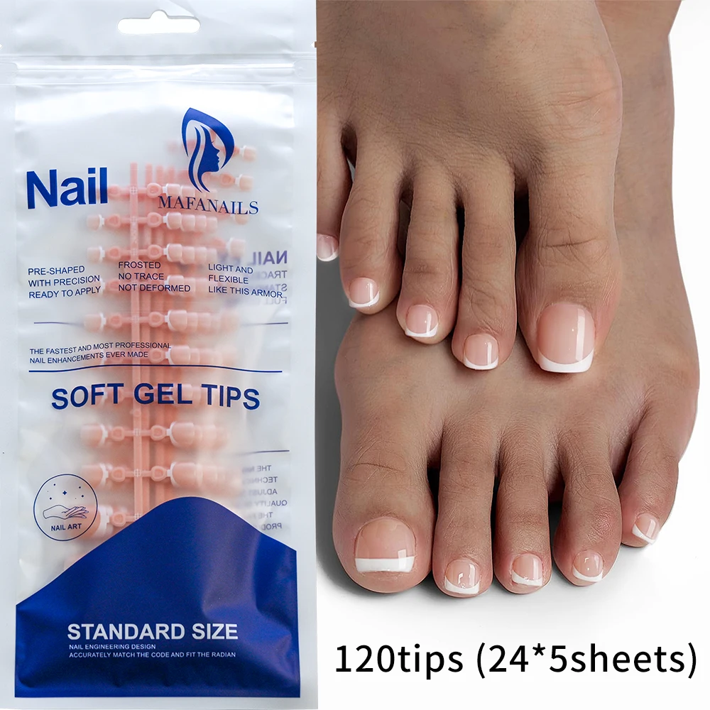 120Pcs Fake Toenails Nude Pink Short Square French Line False Toe Nails Detachable Press On Toenails Acrylic Soft ToeNails Tips