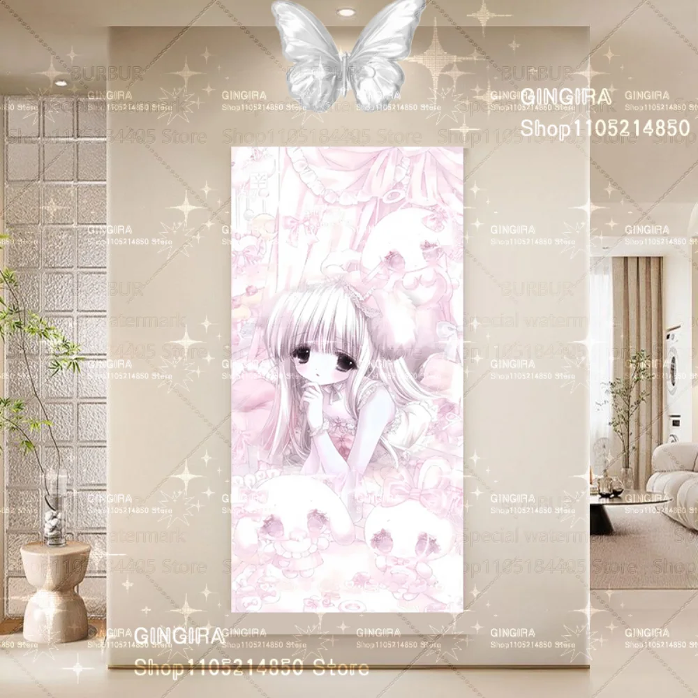 Wandteppich mit rosa Ohrenhasen-Mädchen-Illustration, dekorativer Wandteppich für die Innendekoration – klare Atmosphäre, Dekor-Serie