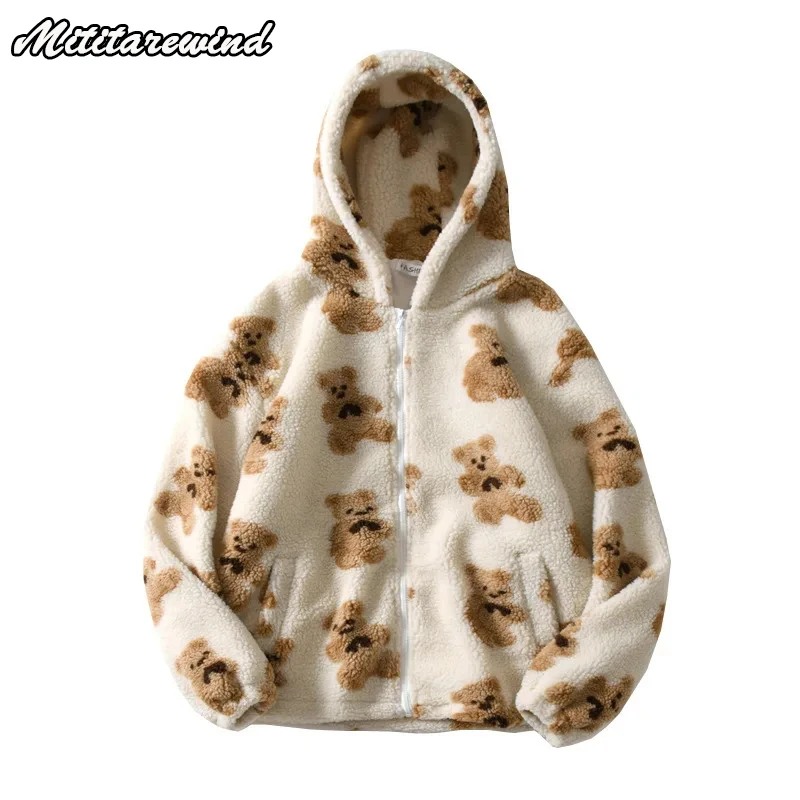 

Clearance Autumn Winter Jacket for Men Cartoon Bear Printed Fleece Warm Hooded Jacket Men Hip Hop Streetwear Korean Fashion Coat