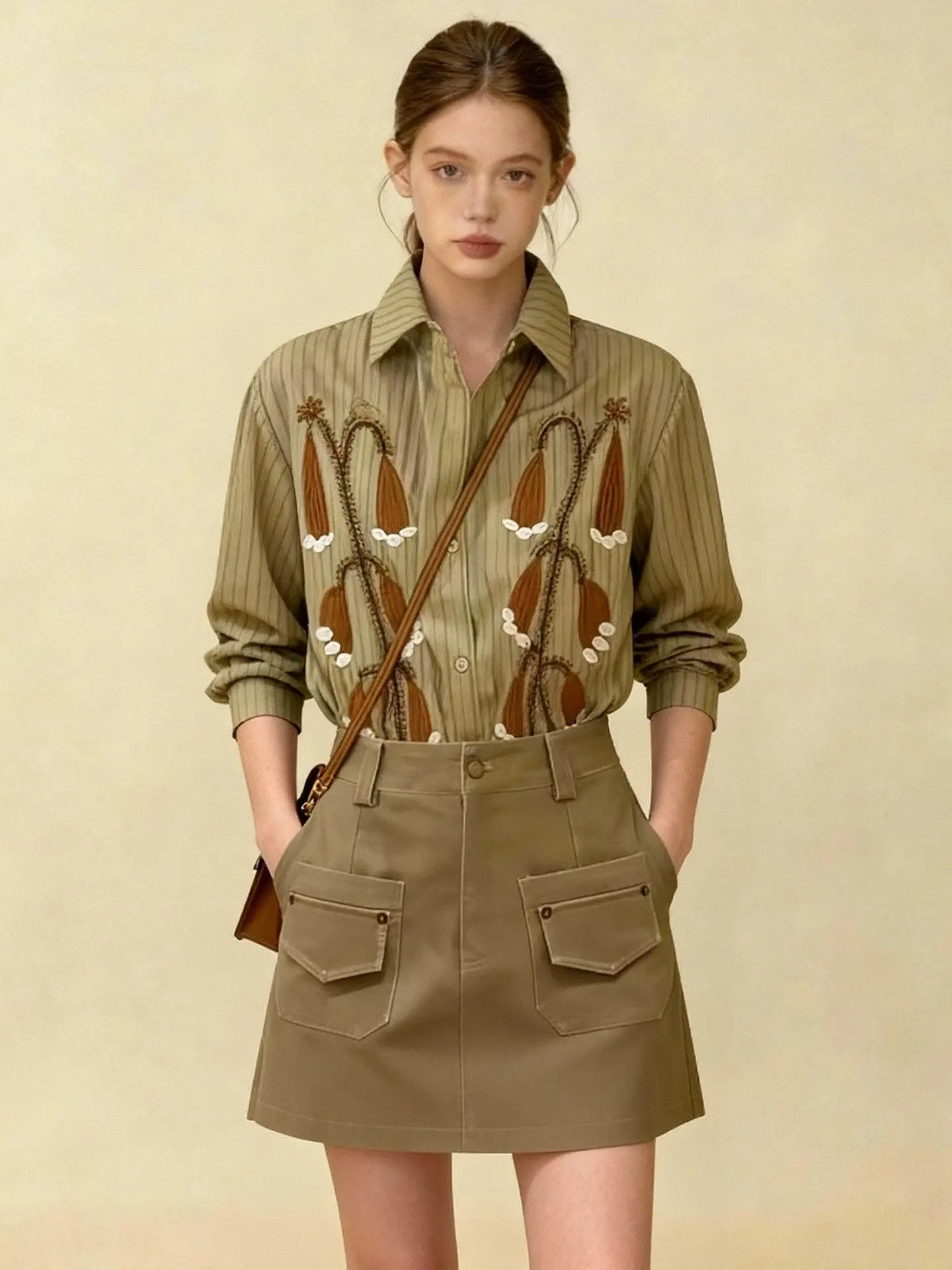 Elegant  Women's Outfit Loose Shirt And  Skirt Set Spring Collection High Waist Striped Long Sleeve Button up