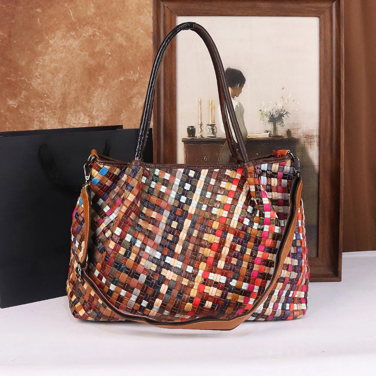 

2025 New Women's Large Capacity Colorful Patchwork Leather Woven Handbag Casual Versatile Crossbody Bag Handheld Bag