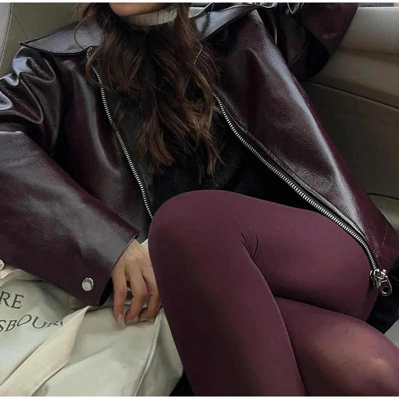 Manteau en cuir à manches longues pour femmes, veste à glissière chaude, mode de printemps et d'automne, tendance de la rue, revers