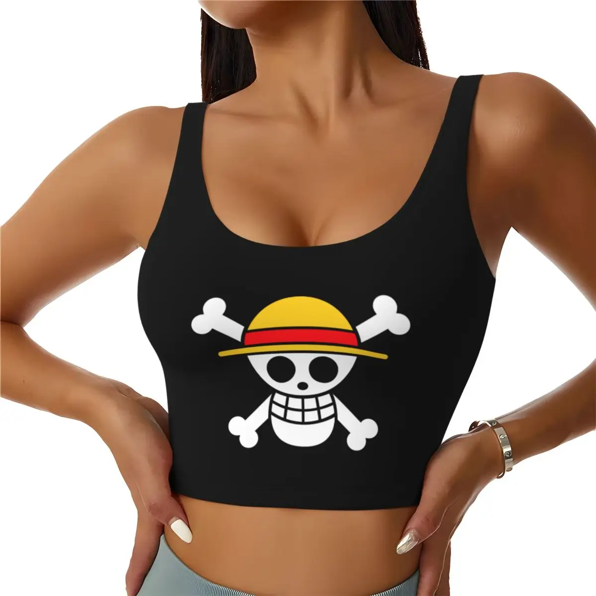 

Custom High Impact One Piece Team Luffy Sports Bra for Women Straw Hat Pirates Skull Gym Workout Yoga Crop Top