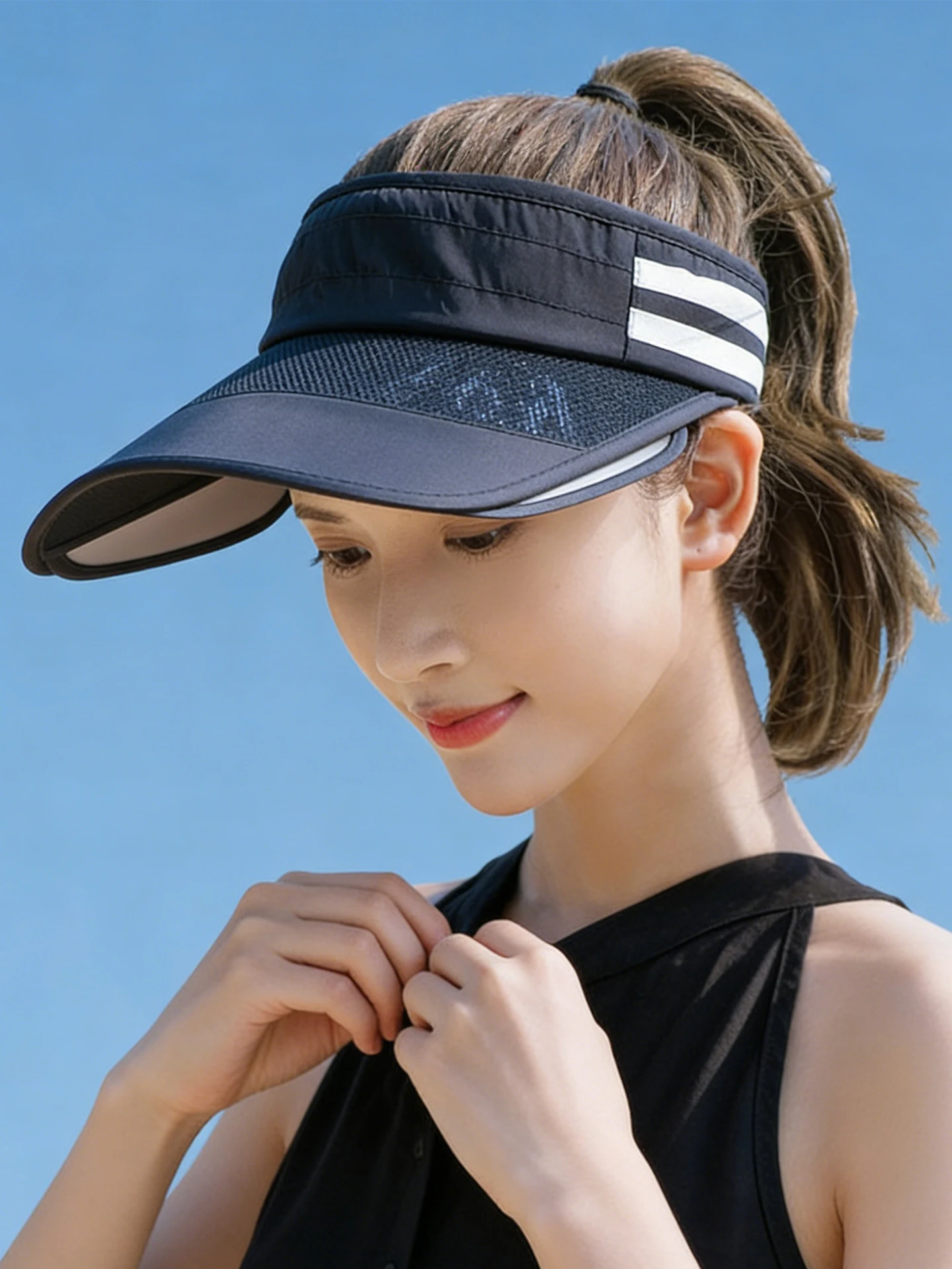 lightweight-breathable-black-upf50-sun-hat-women's-summer-sport-running-adjustable-uv-protection-empty-top-hat-ferrisman