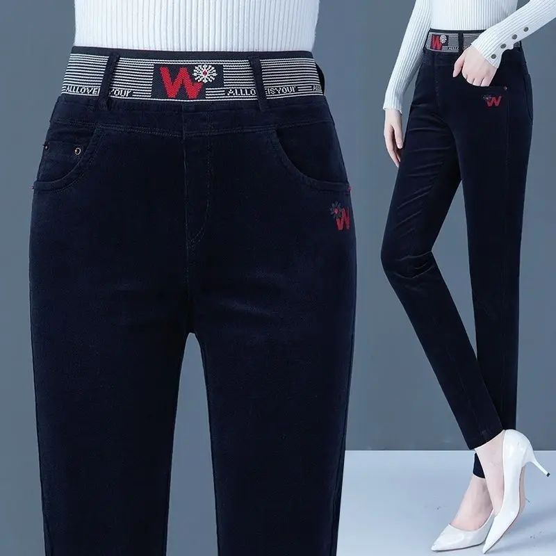 Fashion Trend Autumn Winter Corduroy Pencil Pants Women Solid Pockets Elastic High Waist Casual Plus Velvet Straight Trousers