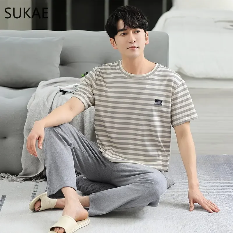 SUKAE L-5XL Plus Size Cotton Pajamas Set for Man Summer Short Sleeves Casual Sleepwear for Boy Elegant Men Leisure Homsuits Pjs