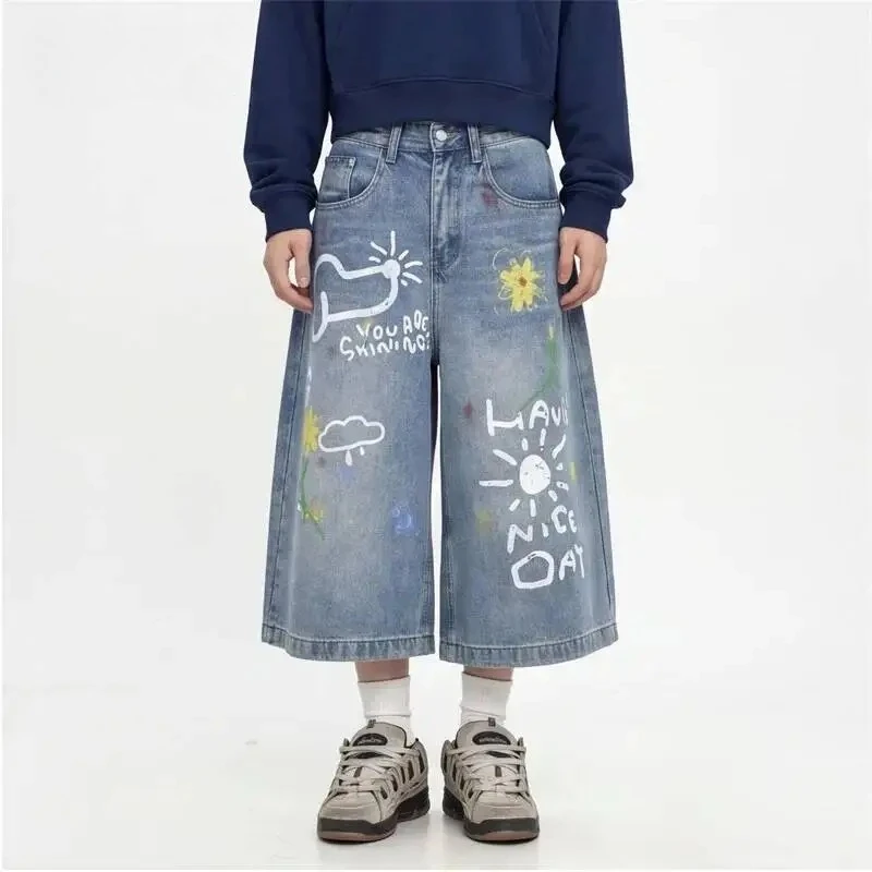 

Light Cartoon Me'ns Wahsed Blue Denim Shorts Summer Trendy Printed Graffiti Pants Retro Loose Fit Cropped Trousers