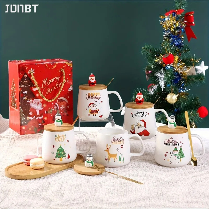 

Santa Claus Ceramic Mug Cup With Lid Spoon Gift Box Set For Christmas Gift Cold Coffee Cups Milk Breakfast Oats Couple Drinkware