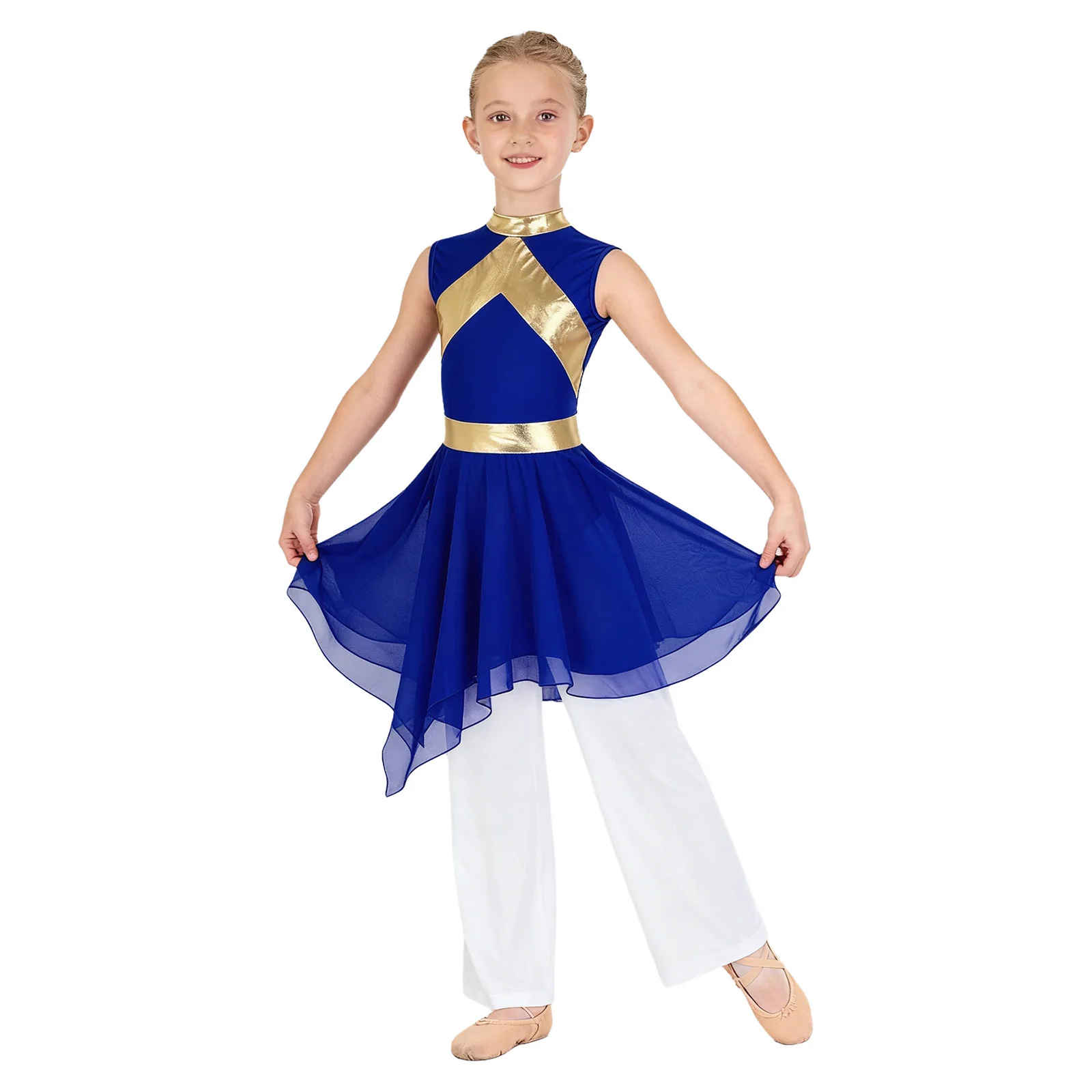 

Детский литургический костюм для танцев для девочек: металлическое платье-туника без рукавов с асимметричным подолом и широкие брюки с эластичным поясом