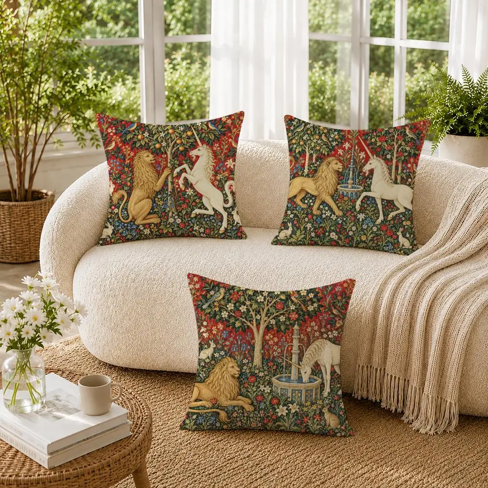 William Morris Medieval Heraldic Unicorn Lion Cushion Cover Pillow Cases Hidden Zipper Cutecore Sofa Bedroom Home Decor Gift