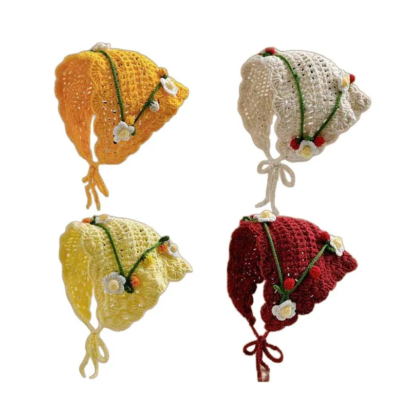 Französischer pastoraler Stil, gestricktes, florales Dreieck-Kopftuch für Mädchen, personalisiertes Kopftuch für Fotoshootings mit Bindeband, 3D-Blumen-Haarband – Detail 20