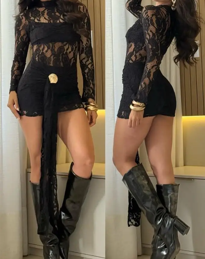 Robes de soirée Sexy pour femmes, col haut, détail noué, décor de boutons en coquillage, robe en dentelle transparente, mode féminine, Mini robe Slim