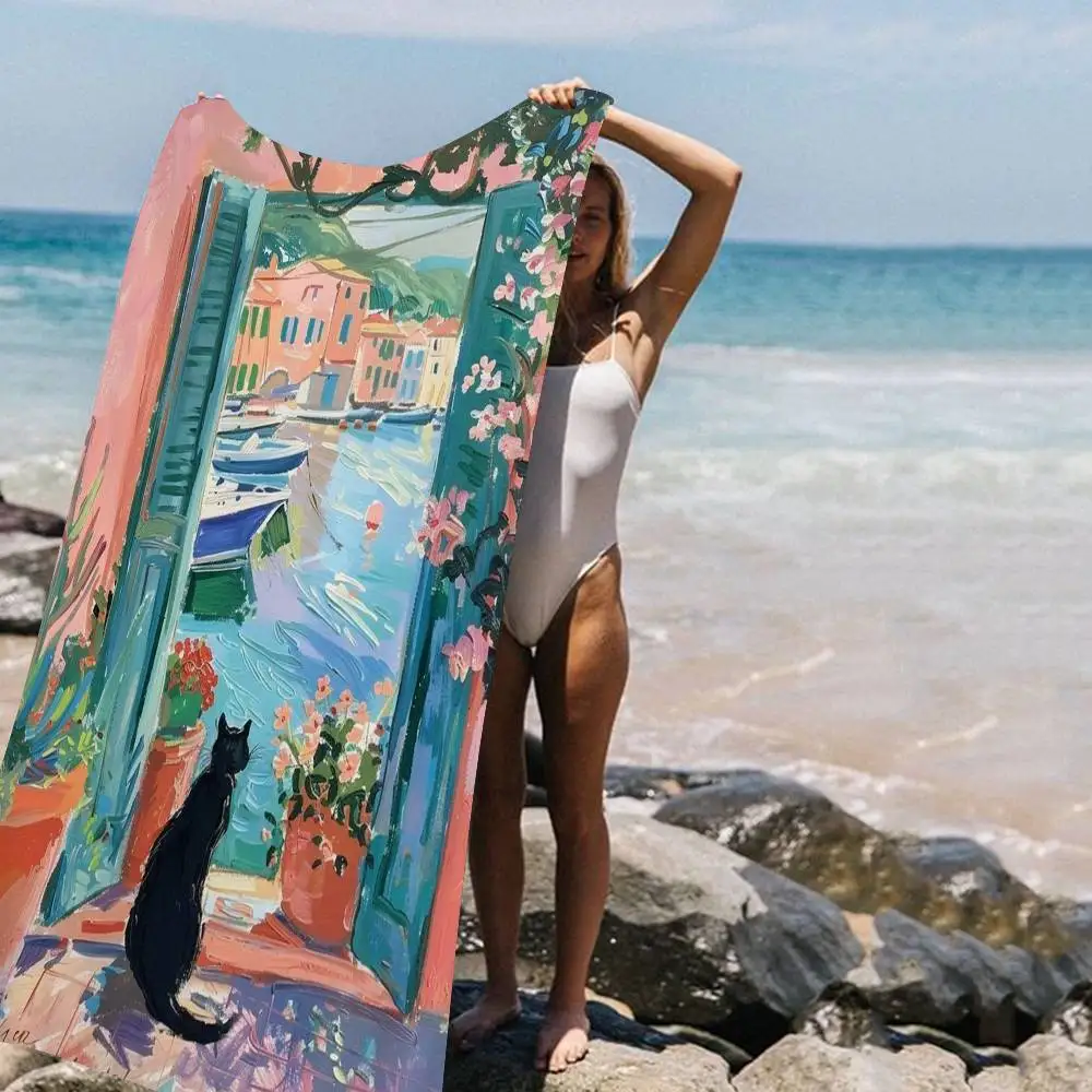 Retro Abstract Open Window Bath Towel Microfiber Soft Water Absorbing Breathable For Girl Kids Decorative Cartoon Beach Towel