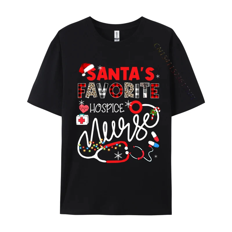 Santa Is Favorite Hospice Nurse Xmas Lights Leopard Plaid T Shirts Awesome 100% Cotton Tees Crewneck T-Shirts High Quality Tops