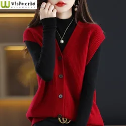 Autumn and Winter New V-neck Knitted Cardigan Tank Top Women's Korean Version Loose Versatile Casual Sleeveless Sweater